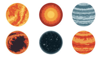 Six planets rotating showing different colors and textures on transparent background png