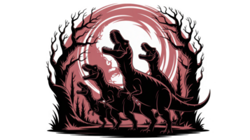 Tyrannosaurus rex dinosaurs roaring in front of big red moon and dry trees with transparent background png