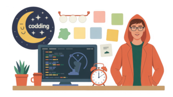 Programmer working late at night coding on transparent background png