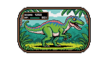 Pixel art dinosaur roaring in jungle videogame interface with transparent background png