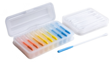 Genetic test swabs inside their box and a single swab laying nearby on transparent background png