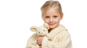 Smiling girl hugging teddy bear wearing bathrobe on transparent background png