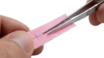 Tailor using tweezers is removing stitches from pink fabric on transparent background png