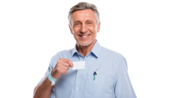 Smiling senior technician showing business card with transparent background png