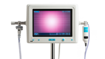 Colonoscopy monitor displaying pink screen with medical equipment and transparent background png