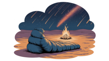 Camper observing meteor shower while camping in desert with bonfire png