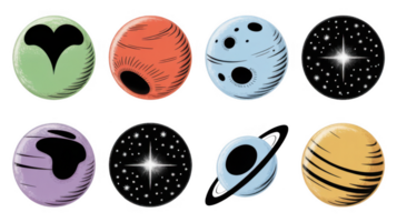 Set of colorful planets and stars floating on transparent background png