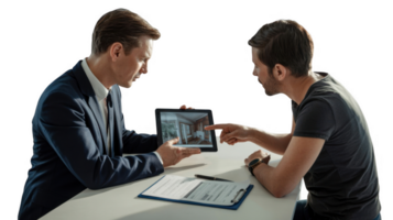 Real estate agent showing property photos on tablet with transparent background png