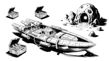 Spaceship exploring alien planet and discovering treasure chests on transparent background png