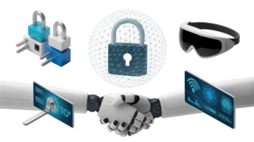 Robots shaking hands with digital security icons on transparent background png