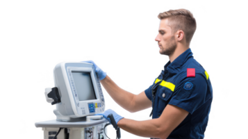 Paramedic using medical equipment on transparent background png