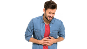 Handsome man suffering from stomach ache on transparent background png