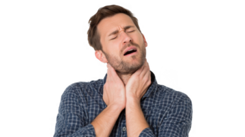 Man suffering from sore throat touching neck with transparent background png