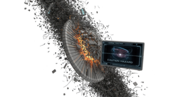 Spaceship exploding in space debris trajectory with caution hazard warning on transparent background png