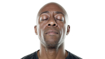 Bald black man closing eyes and relaxing with transparent background png