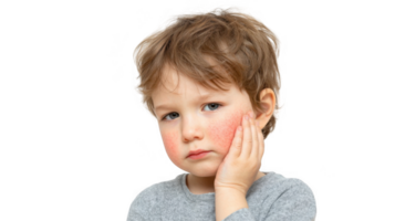 Child suffering from cheek rash touching his face on transparent background png