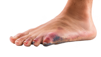 Injured foot showing signs of trauma and discoloration on transparent background png