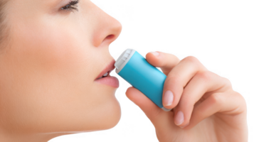 Woman using blue asthma inhaler, isolated on transparent background png