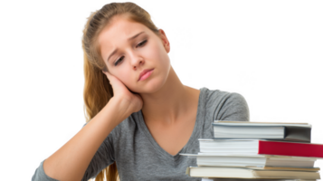Sad student feeling tired and bored while studying with transparent background png