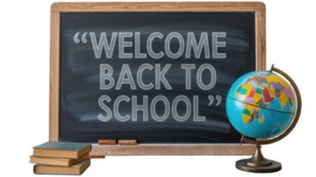 Welcome back to school message on blackboard with globe and books png