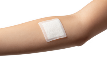White transdermal patch adhering to person's arm on transparent background png