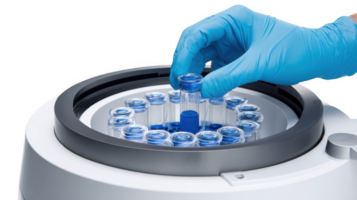 Lab technician placing test tube in centrifuge with transparent background png