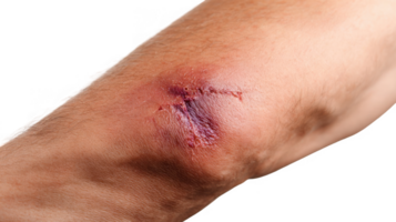 Close up of deep bruise and scar on elbow with transparent background png