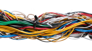 Tangled electrical cables creating a colorful mess on transparent background png