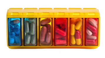 Yellow seven day pill organizer containing colorful pills on transparent background png