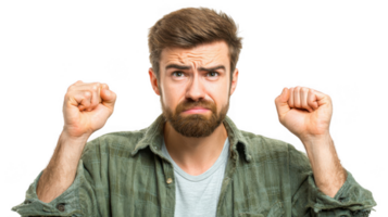 Frustrated man showing fists and expressing anger on transparent background png