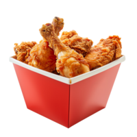 Fried Chicken Pieces In A Red Bucket. Ready To Eat And Share With Family And Friends. Isolated On Black. png
