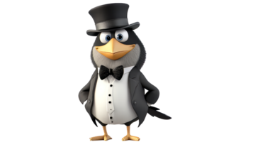 Stylish Cartoon Bird In Formal Attire. Humorous Avian Character Wearing A Tuxedo And Top Hat. png