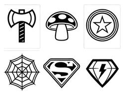 Simple black and white icon designs featuring an axe, mushroom, star, spiderweb, and super symbols vector