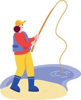 A flat style illustration showing a person doing fishing vector