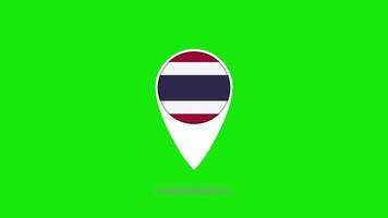 Map pin icon with the national flag of Thailand featuring horizontal stripes of red, white, and blue inside a white pointer on a bright green background video