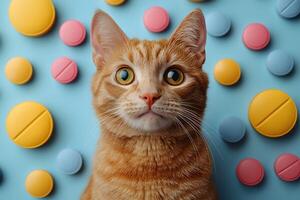 Ginger Cat with Colorful Tablets on Blue Background for Pet Medicine Concepts photo