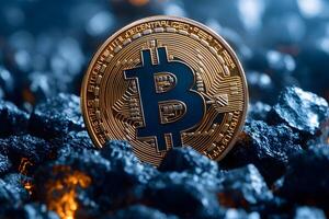 Digital Cryptocurrency Concept with Bitcoin Coin on Dark Metallic Background photo