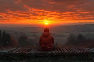 Sunset Serenity Contemplative Moment in Autumn Landscape for Mindfulness and Relaxation photo