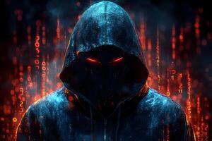 Mysterious Hooded Figure with Glowing Eyes in Futuristic Digital Matrix photo