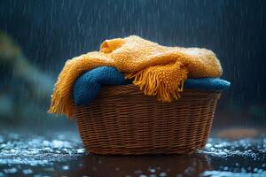Cozy Towels in Wicker Basket Under Falling Raindrops for Home Decor and Relaxation Theme photo