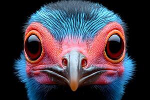 Vivid Close-Up of Exotic Bird with Vibrant Blue and Pink Plumage for Nature-themed Artwork photo