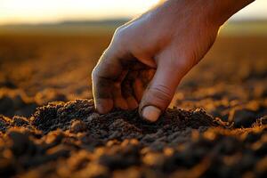 Gardener's Hand in Fertile Soil at Sunset - Nature, Growth, Agriculture Concept photo
