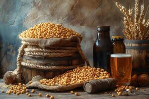 Rustic Autumn Harvest Concept with Soybeans and Beer - Ideal for Seasonal Print Design photo