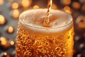 Refreshing Carbonated Drink Pouring with Golden Bokeh for Beverage Advertising photo