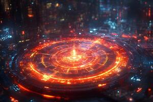Futuristic Sci-Fi Neon Cityscape with Glowing Circular Structure for Digital Design photo