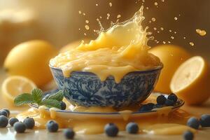 Fresh Lemon Dessert Explosion with Blueberries in Artistic Blue Bowl for Culinary Design photo