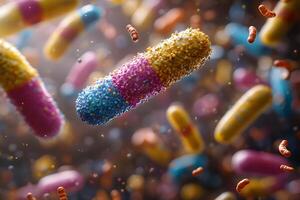 Colorful Antibiotic Capsules with Microorganisms in Scientific Illustration for Health photo