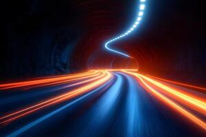 Dynamic Light Trails in Futuristic Tunnel for Speed and Innovation Concepts photo