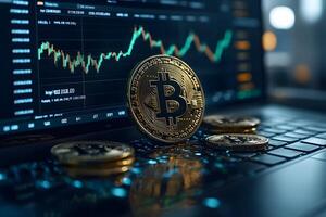 Cryptocurrency and Bitcoin Investment with Market Analysis on Laptop Screen photo
