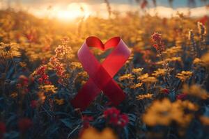 Heart-Shaped Ribbon in Blooming Field at Sunrise - Symbol of Love and Awareness photo